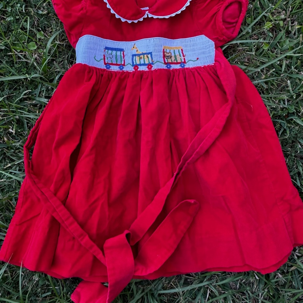 Charming Red Kids Dress with Circus Train smocking  Anavini